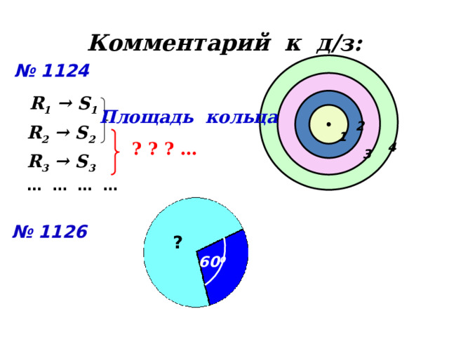 Комментарий к д/з: № 1124 R 1  → S 1 Площадь кольца 2 R 2  → S 2 1 ? ? ? … 4 3 R 3  → S 3 … … … … № 1126 ? 60 0 