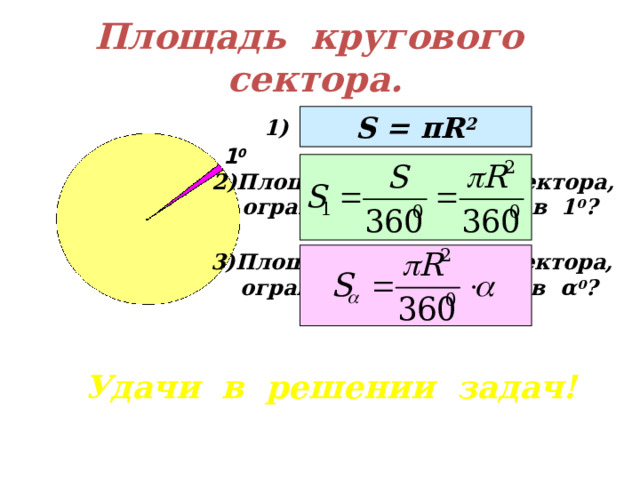 Площадь кругового сектора. S = πR 2 1) Площадь круга? 1 0 Площадь кругового сектора,  ограниченного дугой в 1 0 ? Площадь кругового сектора,  ограниченного дугой в α 0 ? Удачи в решении задач! 