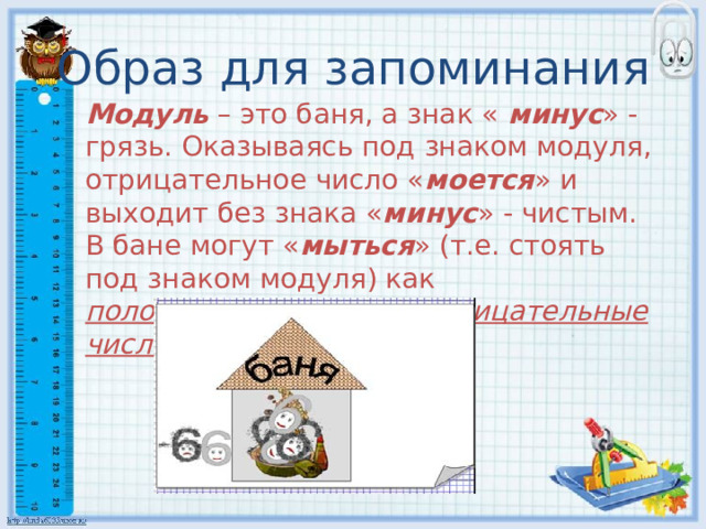 Образ для запоминания Модуль – это баня, а знак « минус » - грязь. Оказываясь под знаком модуля, отрицательное число « моется » и выходит без знака « минус » - чистым. В бане могут « мыться » (т.е. стоять под знаком модуля) как положительные, так и отрицательные числа. 3 