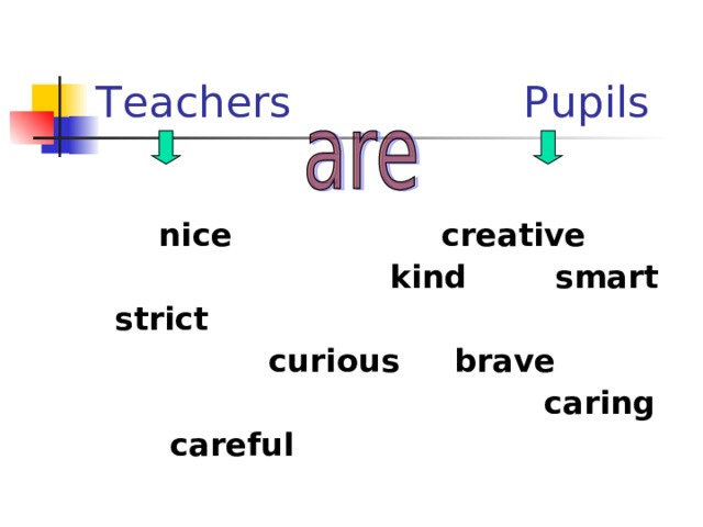 Teachers Pupils   nice creative  kind smart  strict  curious brave  caring  careful 