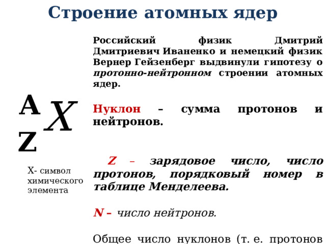 Строение атомных ядер Российский физик Дмитрий Дмитриевич Иваненко и немецкий физик Вернер Гейзенберг выдвинули гипотезу о протонно-нейтронном строении атомных ядер.  Нуклон – сумма протонов и нейтронов.  Z – зарядовое число, число протонов, порядковый номер в таблице Менделеева.  N –  число нейтронов. Общее число нуклонов (т. е. протонов и нейтронов) называют массовым числом A : A  =  Z  +  N  X- символ химического элемента  