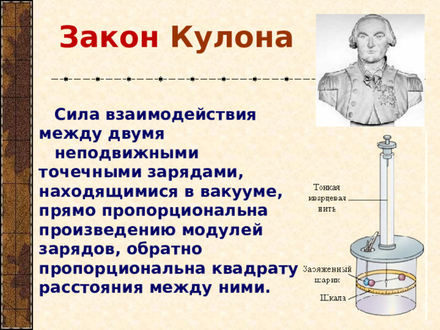 Закон  Кулона  Сила взаимодействия между двумя неподвижными точечными зарядами, находящимися в вакууме, прямо пропорциональна произведению модулей зарядов, обратно пропорциональна квадрату расстояния между ними.  