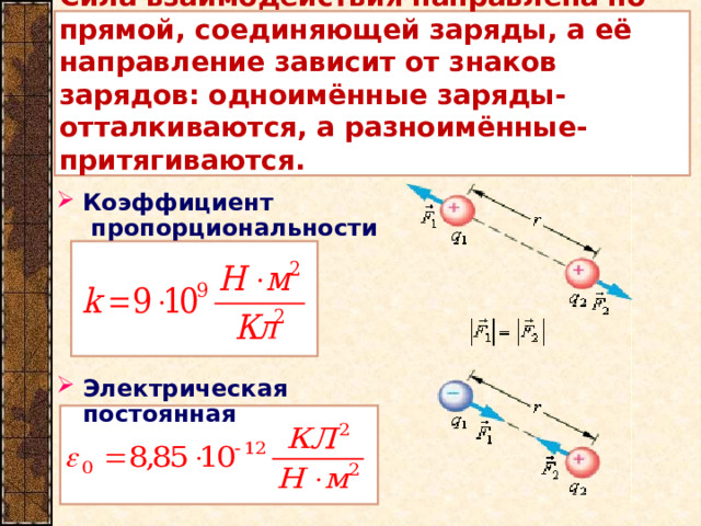 Сила взаимодействия направлена по прямой, соединяющей заряды, а её направление зависит от знаков зарядов: одноимённые заряды- отталкиваются, а разноимённые- притягиваются. Коэффициент  пропорциональности       Электрическая постоянная    