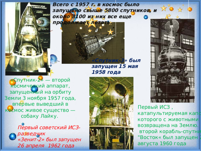 Всего с 1957 г. в космос было запущено свыше 5800 спутников, и около 3100 из них все еще продолжает летать. «Спутник-3» был запущен 15 мая 1958 года  «Спутник-2» — второй космический аппарат, запущенный на орбиту Земли 3 ноября 1957 года, впервые выведший в космос живое существо — собаку Лайку. Первый ИСЗ , катапультируемая капсула, которого с животными возвращена на Землю.  второй корабль-спутник 