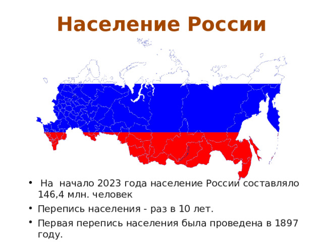 Население России  На начало 2023 года население России составляло 146,4 млн. человек Перепись населения - раз в 10 лет. Первая перепись населения была проведена в 1897 году. 