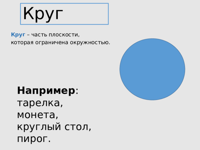 Круг Круг – часть плоскости, которая ограничена окружностью. Например : тарелка, монета, круглый стол, пирог. 