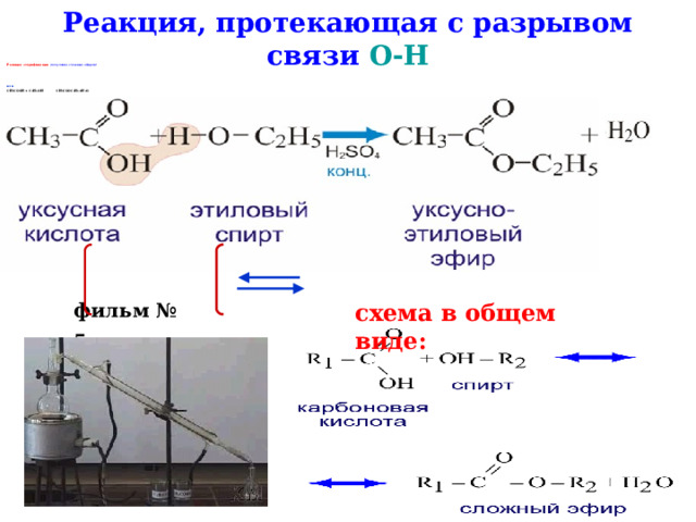 Реакция, протекающая с разрывом связи О-Н Реакция этерификации  (получение сложных эфиров)     или СН 3 СООН + С 2 Н 5 ОН   СН 3 СООС 2 Н 5 +Н 2 О фильм № 5  схема в общем виде: 