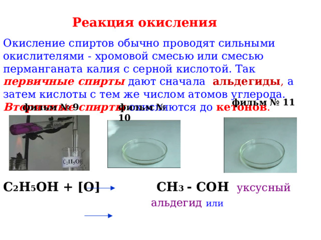 Реакция окисления   Окисление спиртов обычно проводят сильными окислителями - хромовой смесью или смесью перманганата калия с серной кислотой. Так первичные спирты дают сначала альдегиды ,  а затем кислоты с тем же числом атомов углерода. Вторичные спирты окисляются до кетонов . фильм № 11 фильм № 9 фильм № 10 С 2 Н 5 ОН + [O]    CH 3  -  COH   уксусный альдегид  или    (этаналь) С 2 Н 5 ОН + [O]    CH 3  -  CO О H  уксусная кислота   (этановая кислота) 