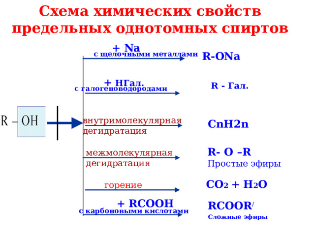 Схема химических свойств предельных однотомных спиртов + Na с щелочными металлами R-ONa +  H Гал. R -  Гал. с галогеноводородами внутримолекулярная дегидратация С nH2n R-  O  –R Простые эфиры межмолекулярная дегидратация CO 2  +  H 2 O горение + RCOOH RCOOR / Сложные эфиры с карбоновыми кислотами 
