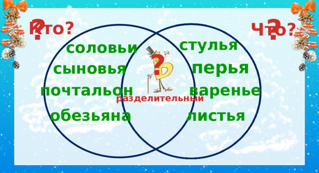  ? ? Кто? Что? стулья соловьи ? перья сыновья варенье почтальон разделительный обезьяна листья II. Сообщение темы и цели .  