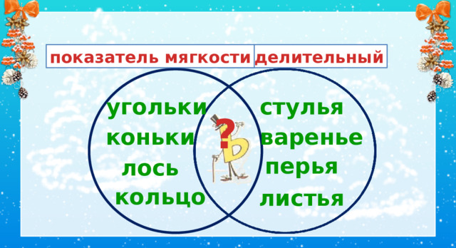  разделительный показатель мягкости стулья угольки ? коньки варенье перья лось II. Сообщение темы и цели . кольцо листья  