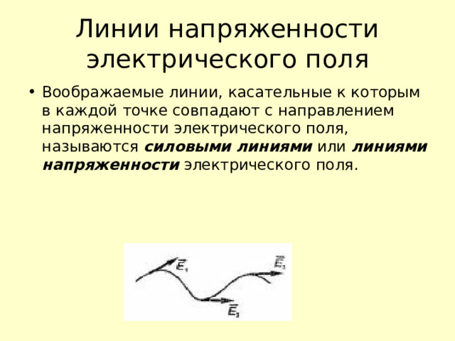 Линии напряженности электрического поля Воображаемые линии, касательные к которым в каждой точке совпадают с направлением напряженности электрического поля, называются силовыми линиями или линиями напряженности электрического поля. 