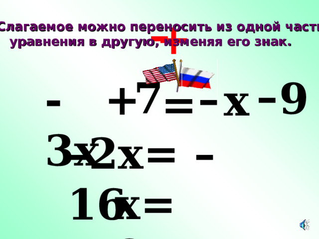 – + Слагаемое можно переносить из одной части  уравнения в другую, изменяя его знак. – 7 – 9 + - 3x x = – 2 x = – 16 х= 8 