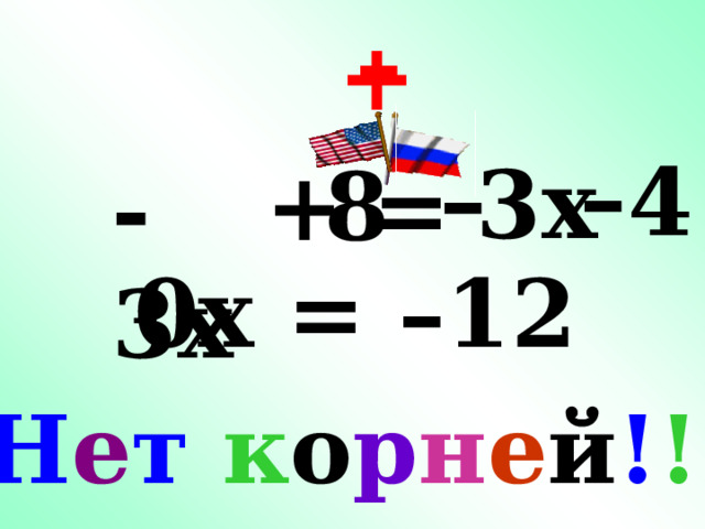 – + – – 4 3x + 8 = - 3x 0x = –12  Н е т  к о р н е й ! ! ! 