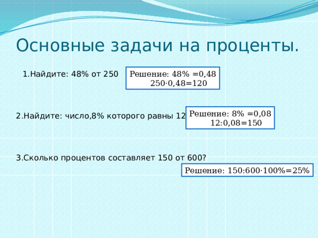 Основные задачи на проценты. 1.Найдите: 48% от 250 Решение: 48% =0,48   250·0,48=120 Решение: 8% =0,08   12:0,08=150 2.Найдите: число,8% которого равны 12 3.Сколько процентов составляет 150 от 600? Решение: 150:600·100%=25% 