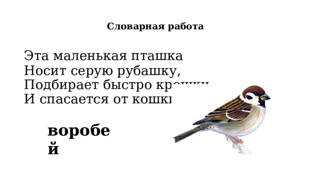 Словарная работа Эта маленькая пташка Носит серую рубашку, Подбирает быстро крошки И спасается от кошки.    воробей 