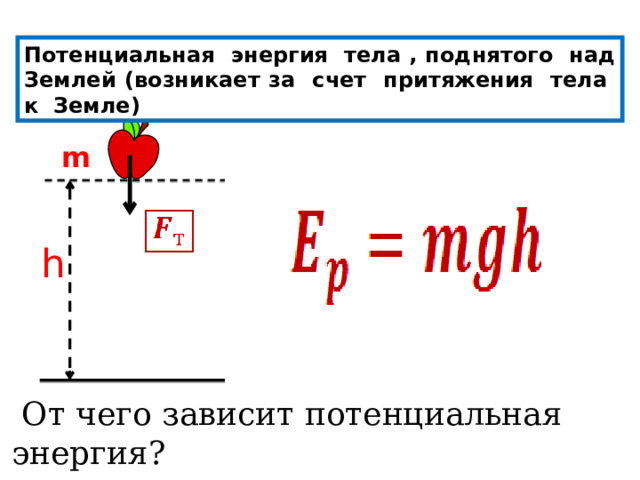 Потенциальная энергия тела , поднятого над Землей (возникает за счет притяжения тела к Земле) m h  От чего зависит потенциальная энергия? 