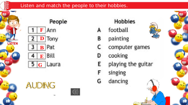 Listen and match the people to their hobbies. listening F D B E G 