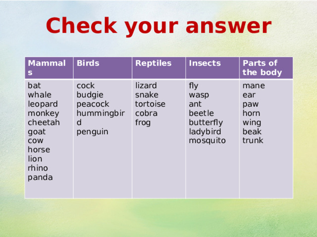 Check your answer Mammals Birds bat cock Reptiles whale Insects budgie leopard lizard fly snake peacock Parts of the body monkey wasp hummingbird tortoise cheetah mane ant cobra ear penguin goat beetle frog paw cow horn horse butterfly ladybird wing lion mosquito rhino beak panda trunk 