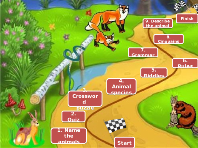 Finish 9. Describe the animal 8. Cinquains 7. Grammar 6. Rules 5. Riddles 4. Animal species 3. Crossword puzzle 2. Quiz 1. Name the animals Start 