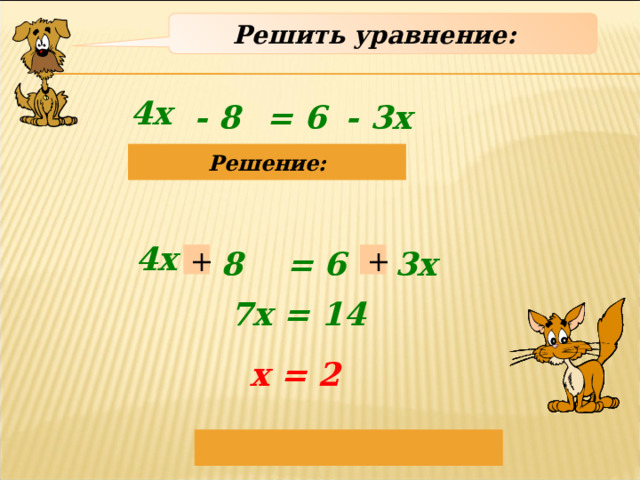 Решить уравнение: 4х - 8 = 6 - 3х Решение: 4х - 3х = 6 - 8 + + 7х = 14 х = 2  