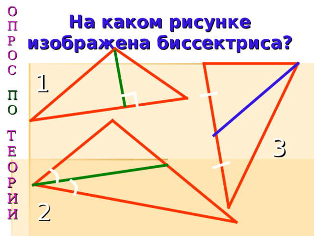 ОП РОС ПО ТЕОРИИ На каком рисунке изображена медиана треугольника? 2 1 3 