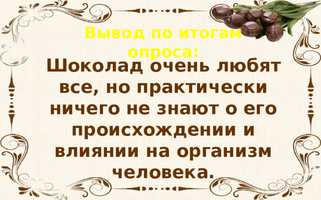 Вывод по итогам опроса: Шоколад очень любят все, но практически ничего не знают о его происхождении и влиянии на организм человека. 