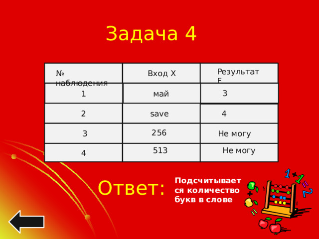 Задача 4 Результат F № наблюдения Вход Х 3 май 1 4 2 save 256 3 Не могу 513 Не могу 4 Ответ: Подсчитывается количество букв в слове 