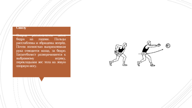 Снизу   Снаряд располагается возле бедра на ладони. Пальцы расслаблены и обращены вперёд. Почти полностью выпрямленная рука отводится назад, за бедро. Баскетболист разворачивается к выбранному игроку, перекладывая вес тела на левую опорную ногу. 