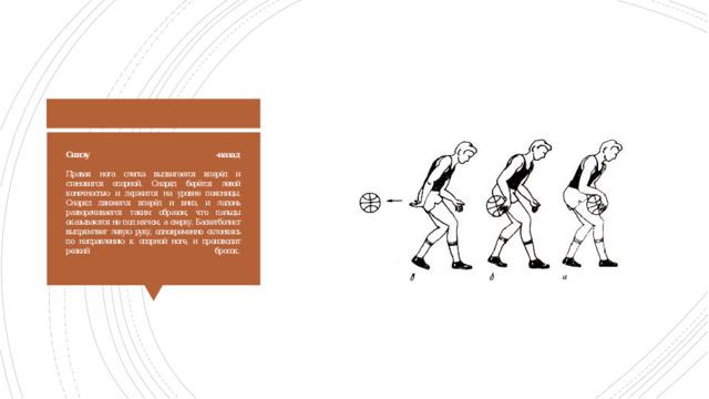 Снизу -назад   Правая нога слегка выдвигается вперёд и становится опорной. Снаряд берётся левой конечностью и держится на уровне поясницы. Снаряд движется вперёд и вниз, и ладонь разворачивается таким образом, что пальцы оказываются не под мячом, а сверху. Баскетболист выпрямляет левую руку, одновременно склоняясь по направлению к опорной ноге, и производит резкий бросок.   