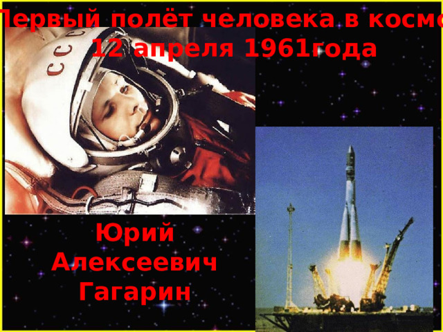 Первый полёт человека в космос 12 апреля 1961года Юрий Алексеевич Гагарин 