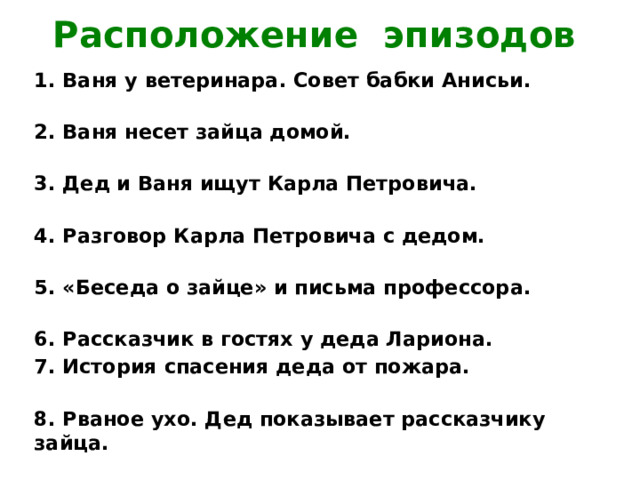 Расположение эпизодов 1. Ваня у ветеринара. Совет бабки Анисьи. 2. Ваня несет зайца домой. 3. Дед и Ваня ищут Карла Петровича. 4. Разговор Карла Петровича с дедом. 5. «Беседа о зайце» и письма профессора. 6. Рассказчик в гостях у деда Лариона. 7. История спасения деда от пожара. 8. Рваное ухо. Дед показывает рассказчику зайца. 