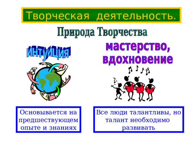 Творческая деятельность. Основывается на предшествующем опыте и знаниях Все люди талантливы, но талант необходимо развивать 