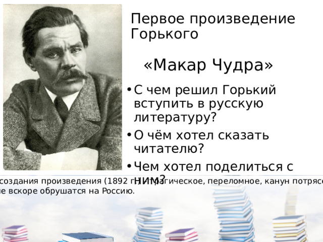 Первое произведение Горького «Макар Чудра» С чем решил Горький вступить в русскую литературу? О чём хотел сказать читателю? Чем хотел поделиться с ним? Время создания произведения (1892 г.) – трагическое, переломное, канун потрясений, которые вскоре обрушатся на Россию. 