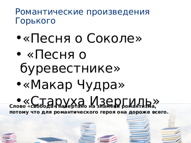 Романтические произведения Горького «Песня о Соколе»  «Песня о буревестнике» «Макар Чудра» «Старуха Изергиль» Слово «свобода» начертано на знамени романтизма, потому что для романтического героя она дороже всего. 