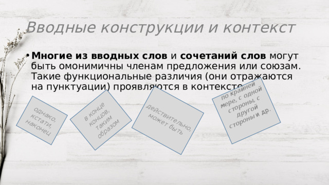 однако, кстати, наконец в конце концов, таким образом действительно, может быть по крайней мере, с одной стороны, с другой стороны  и др. Вводные конструкции и контекст Многие из вводных слов  и  сочетаний слов  могут быть омонимичны членам предложения или союзам. Такие функциональные различия (они отражаются на пунктуации) проявляются в контексте. 