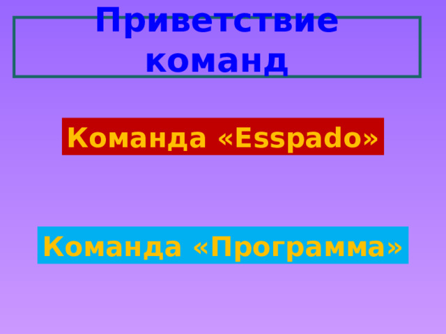   Приветствие команд     Команда «Esspado» Команда «Программа»  