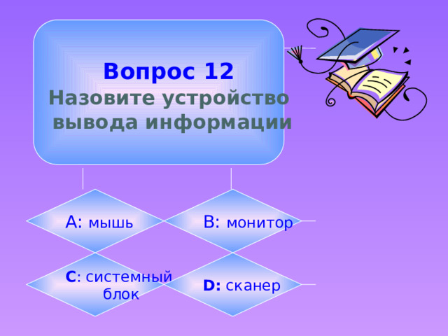  Вопрос 12  Назовите устройство  вывода информации А: мышь B: монитор C : системный D: сканер  блок 