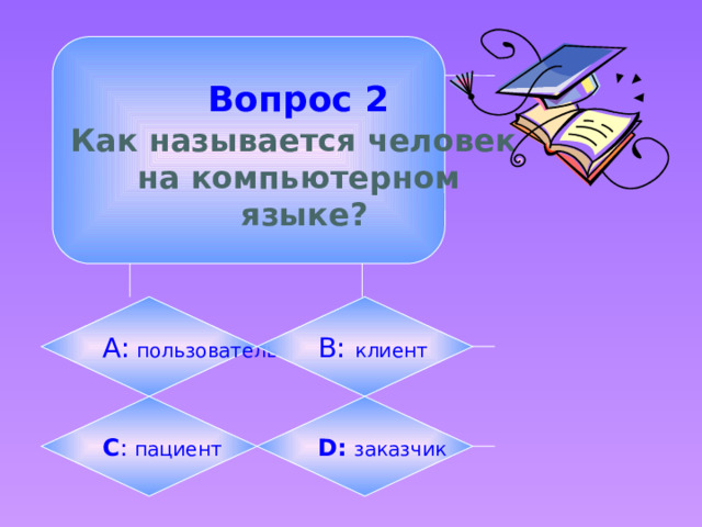  Вопрос 2  Как называется человек на компьютерном  языке? А: пользователь B: клиент C : пациент D:  заказчик 