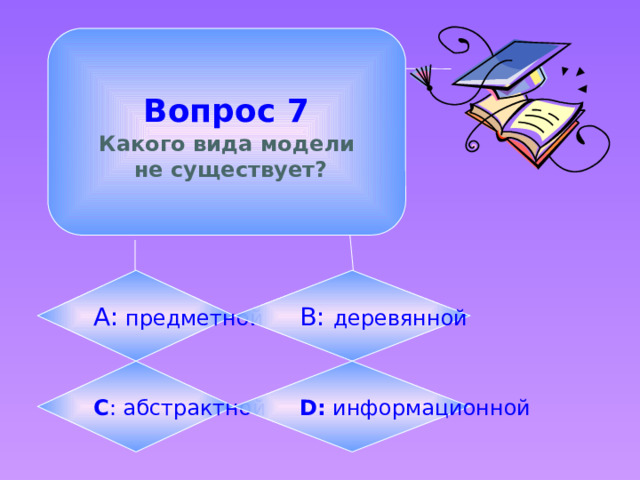  Вопрос 7  Какого вида модели  не существует? А: предметной B: деревянной C : абстрактной D: информационной 