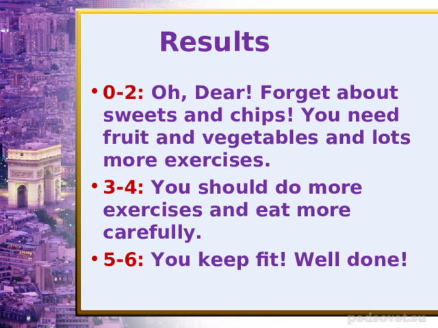 Results 0-2: Oh, Dear! Forget about sweets and chips! You need fruit and vegetables and lots more exercises. 3-4: You should do more exercises and eat more carefully. 5-6: You keep fit! Well done! 