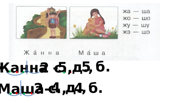 5 б. 5 д., 2 с., Жанна - 4 д., 4 б. 2 с., Маша- 