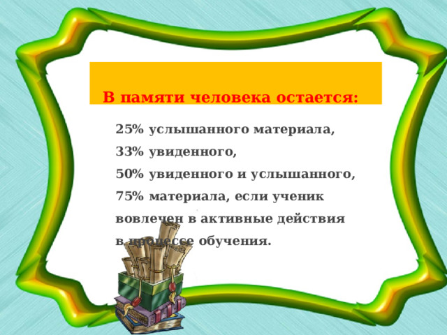   В памяти человека остается:     25% услышанного материала, 33% увиденного, 50% увиденного и услышанного, 75% материала, если ученик вовлечен в активные действия в процессе обучения. 