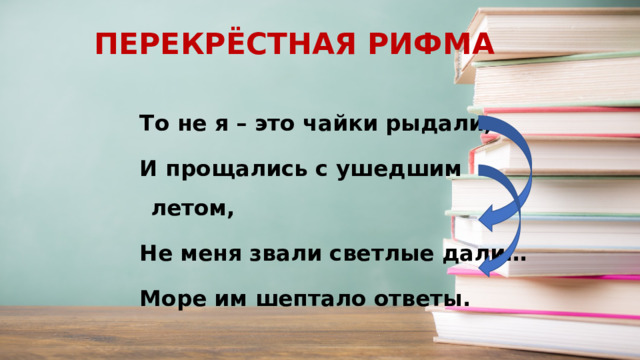 ПЕРЕКРЁСТНАЯ РИФМА То не я – это чайки рыдали, И прощались с ушедшим летом, Не меня звали светлые дали… Море им шептало ответы. 