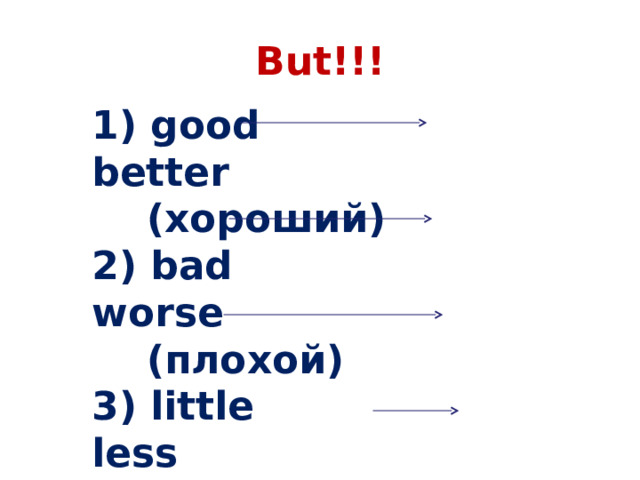 But!!! 1) good better  ( хороший ) 2) bad worse  (плохой) 3) little less  (маленький) 4) much / many more  