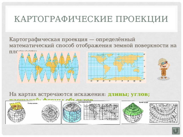 Картографические проекции Картографическая проекция — определённый математический способ отображения земной поверхности на плоскости. На картах встречаются искажения: длины; углов; площадей; формы объектов . 