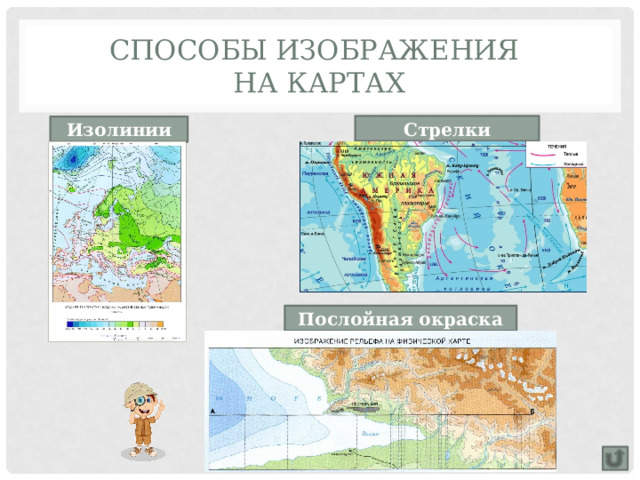 Способы изображения  на картах Стрелки Изолинии Послойная окраска 