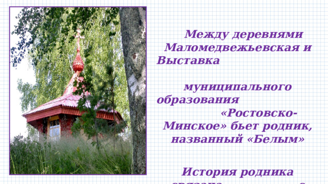   Между деревнями Маломедвежьевская и Выставка муниципального образования «Ростовско-Минское» бьет родник, названный «Белым»  История родника связана с именем местного чтимого святого Праведного Прокопия Устьянского 