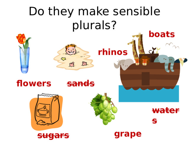 Do they make sensible plurals? boats rhinos flowers sands waters grapes sugars 