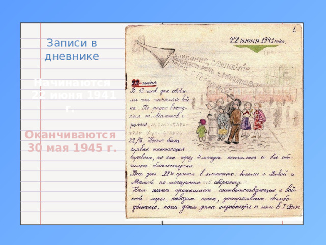 Записи в дневнике Начинаются  22 июня 1941 г. Оканчиваются 30 мая 1945 г. 